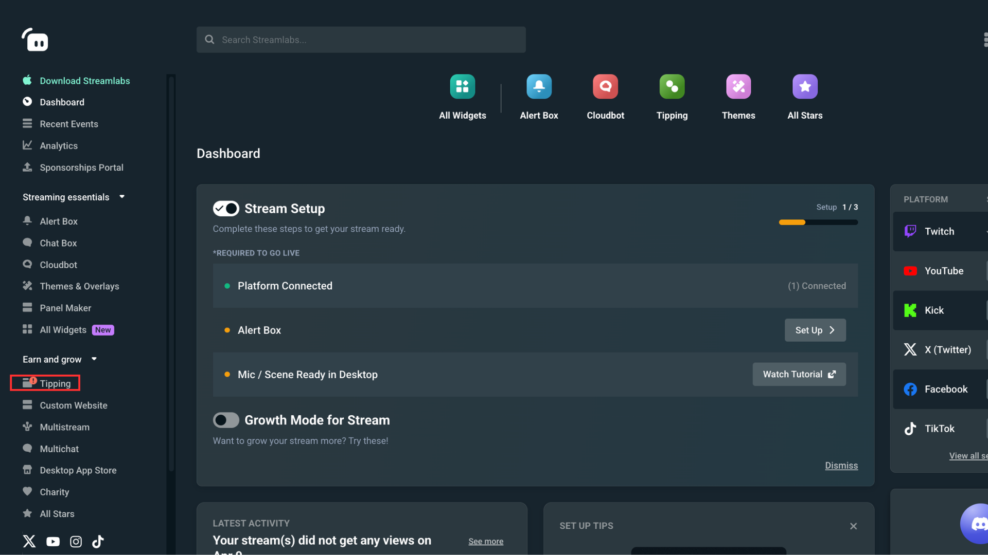 Tipping settings in the left nav of Dashboard